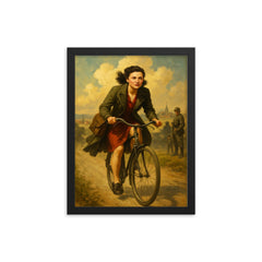 Nancy Wake cycling through occupied France framed print on a plain backdrop in size 12"x16".