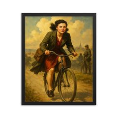 Nancy Wake cycling through occupied France framed print on a plain backdrop in size 16"x20".