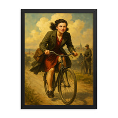 Nancy Wake cycling through occupied France framed print on a plain backdrop in size 18"x24".
