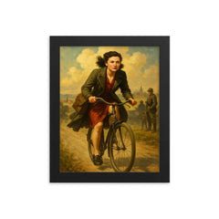 Nancy Wake cycling through occupied France framed print on a plain backdrop in size 8"x10".