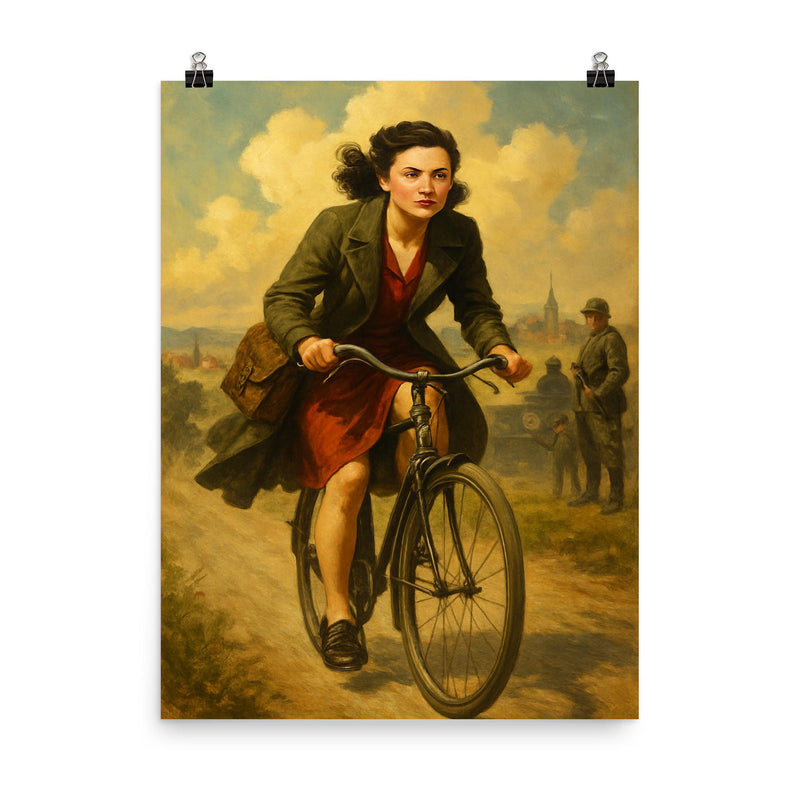 Nancy Wake cycling through occupied France poster on a plain backdrop in size 8