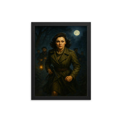 Nancy Wake in Maquis night crossing framed print on a plain backdrop in size 12"x16".