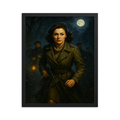 Nancy Wake in Maquis night crossing framed print on a plain backdrop in size 16"x20".