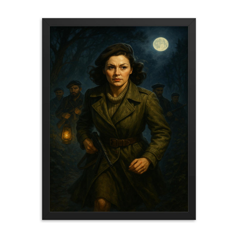Nancy Wake in Maquis night crossing framed print on a plain backdrop in size 18