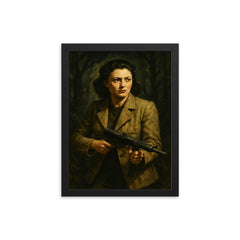 Nancy Wake in maquis shadows with Sten gun framed print on a plain backdrop in size 12"x16".
