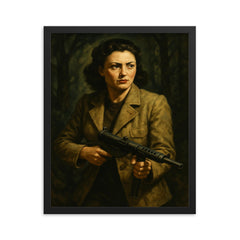Nancy Wake in maquis shadows with Sten gun framed print on a plain backdrop in size 16"x20".
