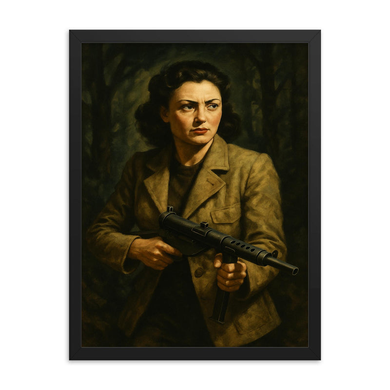 Nancy Wake in maquis shadows with Sten gun framed print on a plain backdrop in size 18