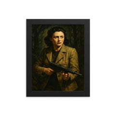 Nancy Wake in maquis shadows with Sten gun framed print on a plain backdrop in size 8"x10".