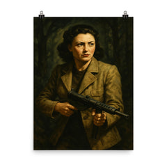 Nancy Wake in maquis shadows with Sten gun poster on a plain backdrop in size 8"x10".