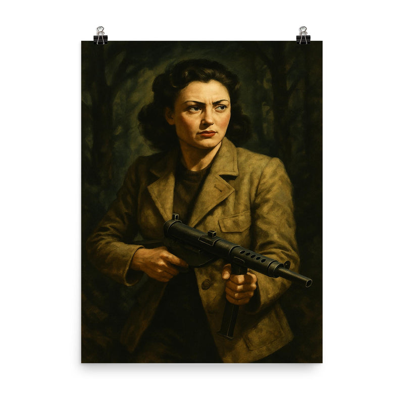 Nancy Wake in maquis shadows with Sten gun poster on a plain backdrop in size 8