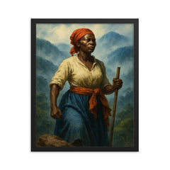 Nanny of the Maroons in Blue Mountains mist framed print on a plain backdrop in size 16"x20".