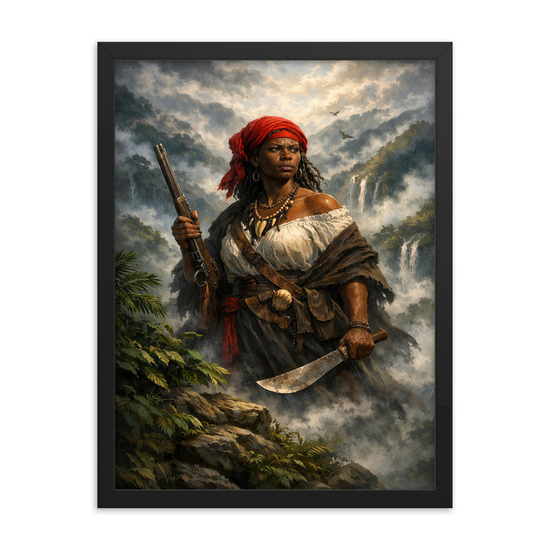 Nanny of the Maroons in Blue Mountains mist framed print on a plain backdrop in size 18