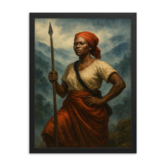 Nanny of the Maroons in Blue Mountains mist framed print on a plain backdrop in size 18"x24".