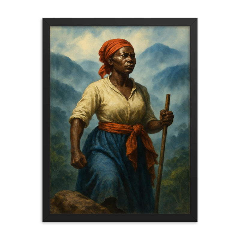 Nanny of the Maroons in Blue Mountains mist framed print on a plain backdrop in size 18
