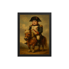 Napoleon Bonaparte looking unhappy while riding a very small Shetland pony framed print on a plain backdrop in size 12"x16".