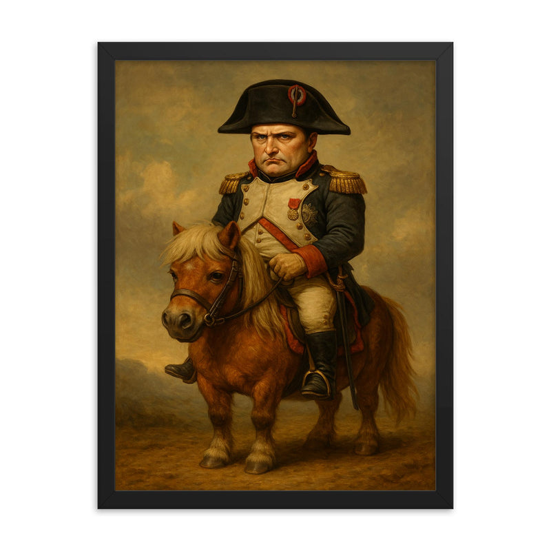 Napoleon Bonaparte looking unhappy while riding a very small Shetland pony framed print on a plain backdrop in size 18