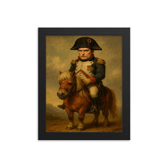 Napoleon Bonaparte looking unhappy while riding a very small Shetland pony framed print on a plain backdrop in size 8"x10".