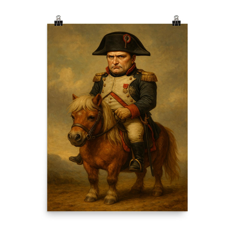 Napoleon Bonaparte looking unhappy while riding a very small Shetland pony poster on a plain backdrop in size 8