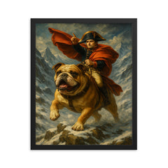 Napoleon Bonaparte riding a heroic bulldog through a snowy Alpine pass framed print on a plain backdrop in size 16"x20".
