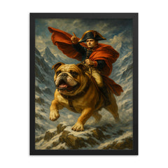 Napoleon Bonaparte riding a heroic bulldog through a snowy Alpine pass framed print on a plain backdrop in size 18"x24".