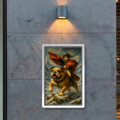Napoleon Bonaparte riding a heroic bulldog through a snowy Alpine pass poster 2