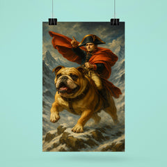 Napoleon Bonaparte riding a heroic bulldog through a snowy Alpine pass poster 6