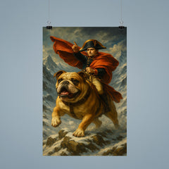 Napoleon Bonaparte riding a heroic bulldog through a snowy Alpine pass poster 9