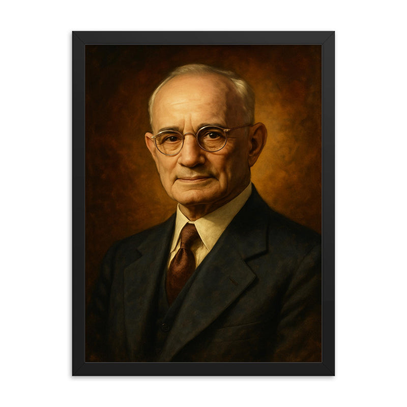 Napoleon Hill framed print on a plain backdrop in size 18