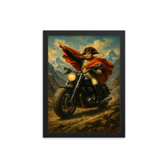 Napoleon riding a beefy motorbike across the Alps framed print on a plain backdrop in size 12"x16".