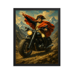 Napoleon riding a beefy motorbike across the Alps framed print on a plain backdrop in size 16"x20".
