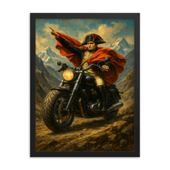 Napoleon riding a beefy motorbike across the Alps framed print on a plain backdrop in size 18"x24".