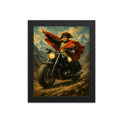 Napoleon riding a beefy motorbike across the Alps framed print on a plain backdrop in size 8"x10".