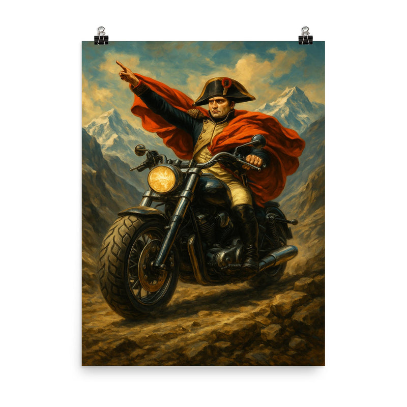 Napoleon riding a beefy motorbike across the Alps poster on a plain backdrop in size 8