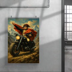 Napoleon riding a beefy motorbike across the Alps poster 4