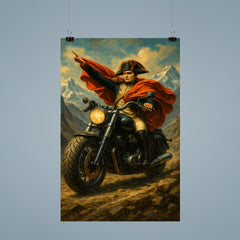 Napoleon riding a beefy motorbike across the Alps poster 9
