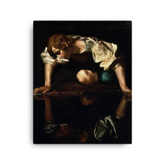 Narcissus by Caravaggio, 1600 canvas print on a plain backdrop in size 16"x20".