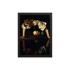 Narcissus by Caravaggio, 1600 framed print on a plain backdrop in size 12"x16".