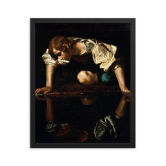 Narcissus by Caravaggio, 1600 framed print on a plain backdrop in size 16"x20".