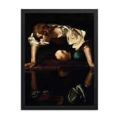 Narcissus by Caravaggio, 1600 framed print on a plain backdrop in size 18"x24".