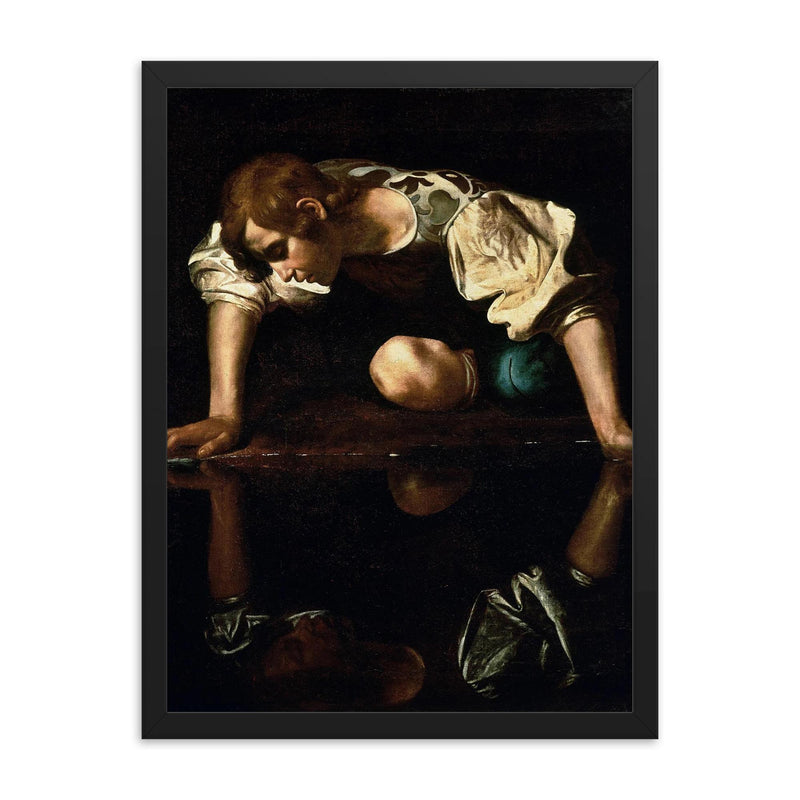 Narcissus by Caravaggio, 1600 framed print on a plain backdrop in size 18