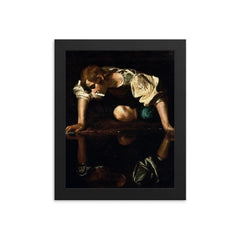 Narcissus by Caravaggio, 1600 framed print on a plain backdrop in size 8"x10".