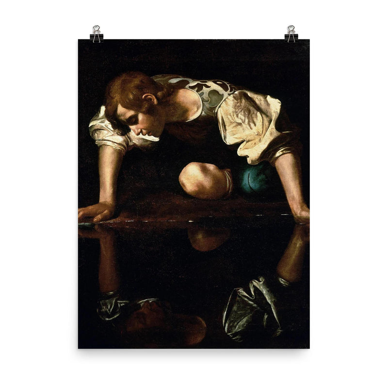 Narcissus by Caravaggio, 1600 poster on a plain backdrop in size 8