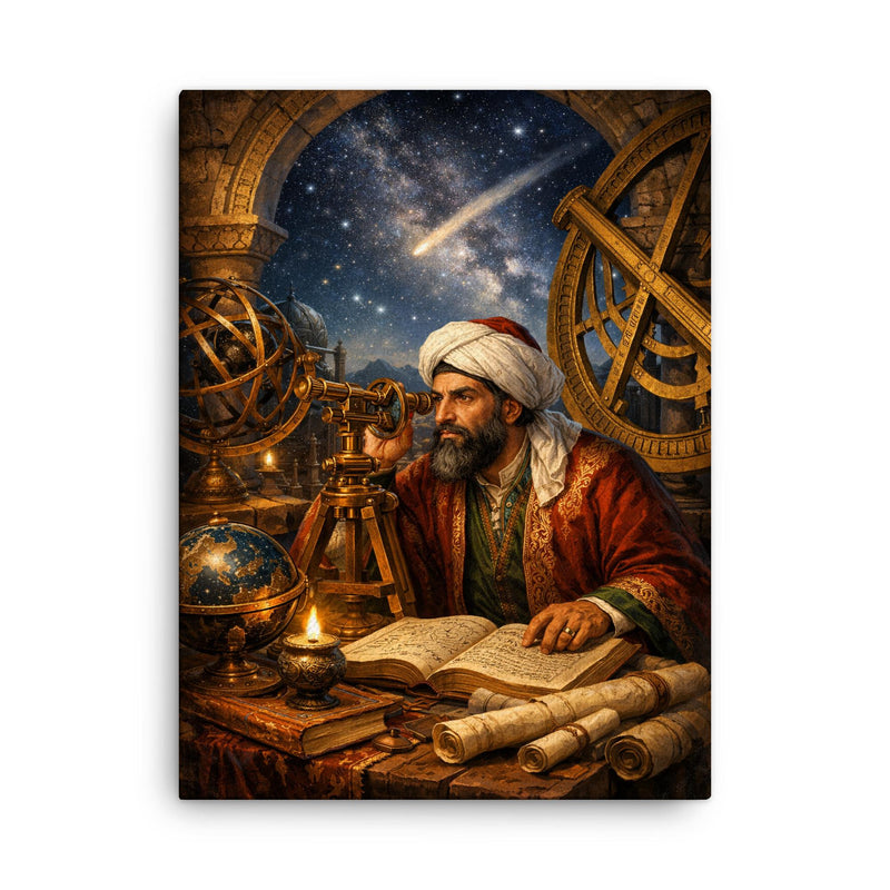 Nasir al Din al Tusi at observatory instruments canvas print on a plain backdrop in size 18