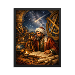 Nasir al Din al Tusi at observatory instruments framed print on a plain backdrop in size 16"x20".