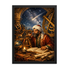 Nasir al Din al Tusi at observatory instruments framed print on a plain backdrop in size 18"x24".