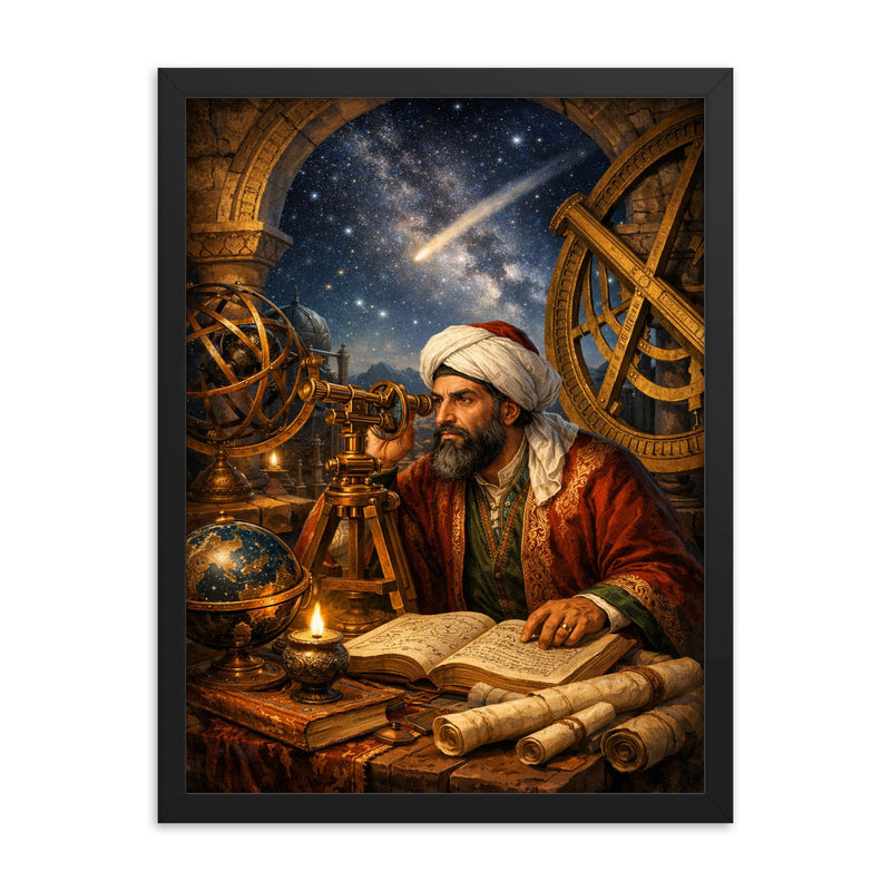 Nasir al Din al Tusi at observatory instruments framed print on a plain backdrop in size 18