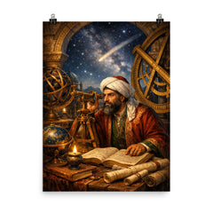Nasir al Din al Tusi at observatory instruments poster on a plain backdrop in size 8"x10".