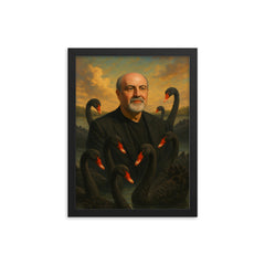 Nassim Nicholas Taleb among black swans framed print on a plain backdrop in size 12"x16".