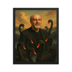 Nassim Nicholas Taleb among black swans framed print on a plain backdrop in size 16"x20".