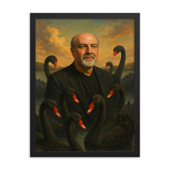 Nassim Nicholas Taleb among black swans framed print on a plain backdrop in size 18"x24".